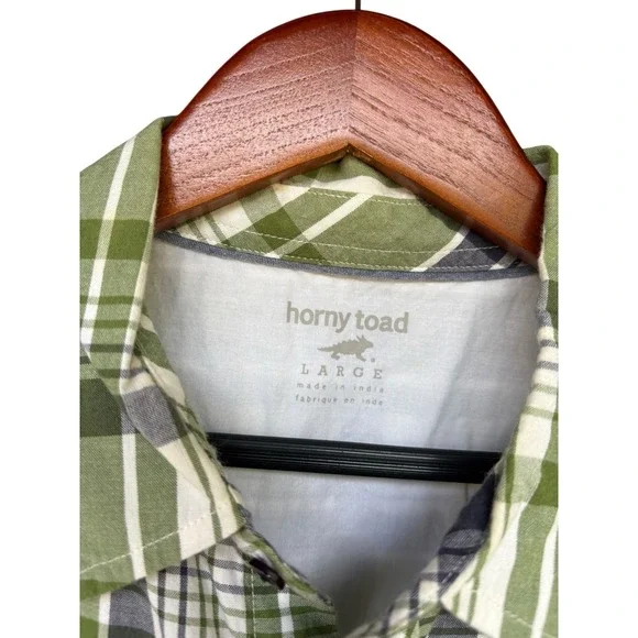 Horny‎ Toad Green and Grey Plaid Short Sleeve Button Down -L - Picture 5 of 11